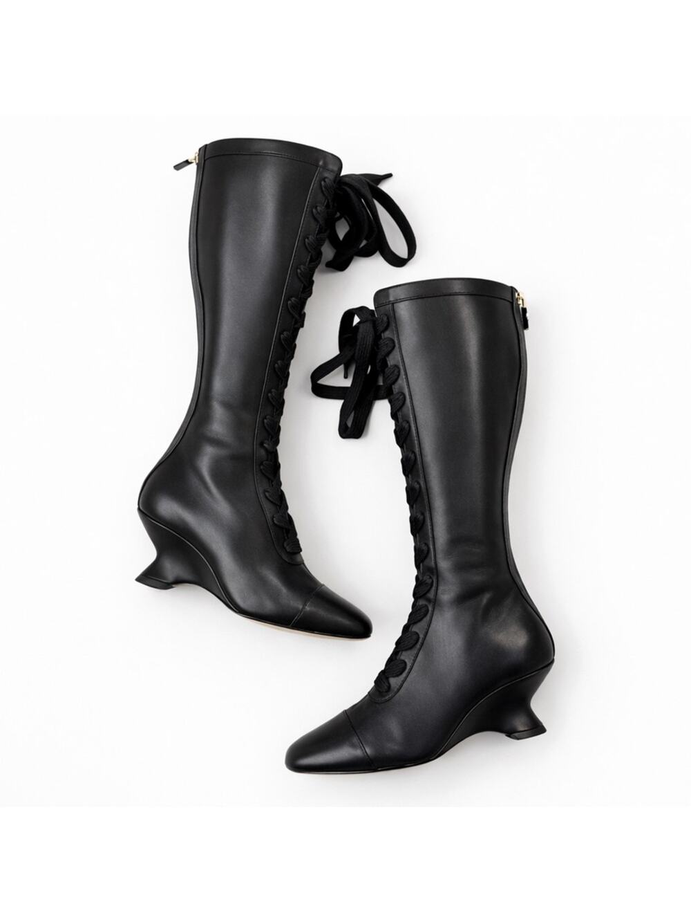 Christian Dior Naughtily D Black Leather Lace-Up Wedge Boots Womens Size EU 38